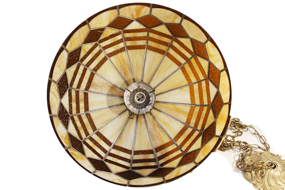 Vintage Yellow & Brown Stained Glass Pendant Light