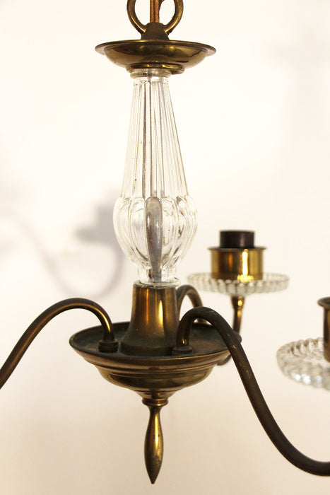 Antique Regency Style 3 Arm 3 Light Brass Chandelier w Glass Body