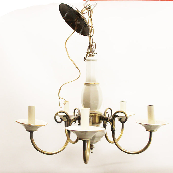 Antique 5 Light Porcelain & Brass Chandelier
