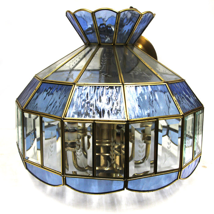 Vintage Blue and Clear Glass 6 light Pendant Light w Brass Detail