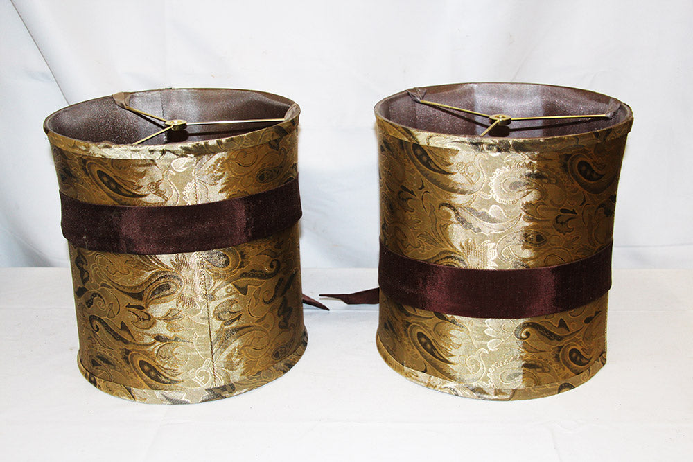 Pair of 10" Silk Drum Shades Green Brocade Pattern with Brown Ribbon