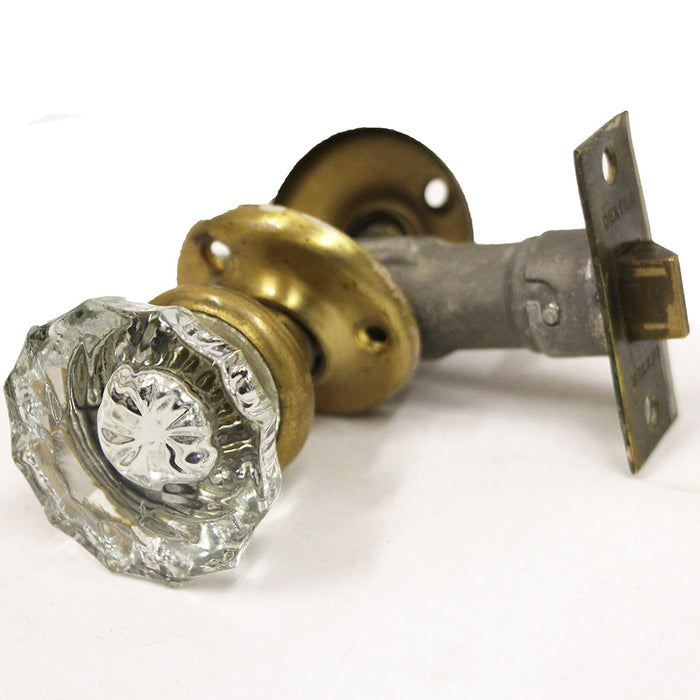 Antique Brass Fluted Glass Closet Knob Set on Tube Latch w Rosettes