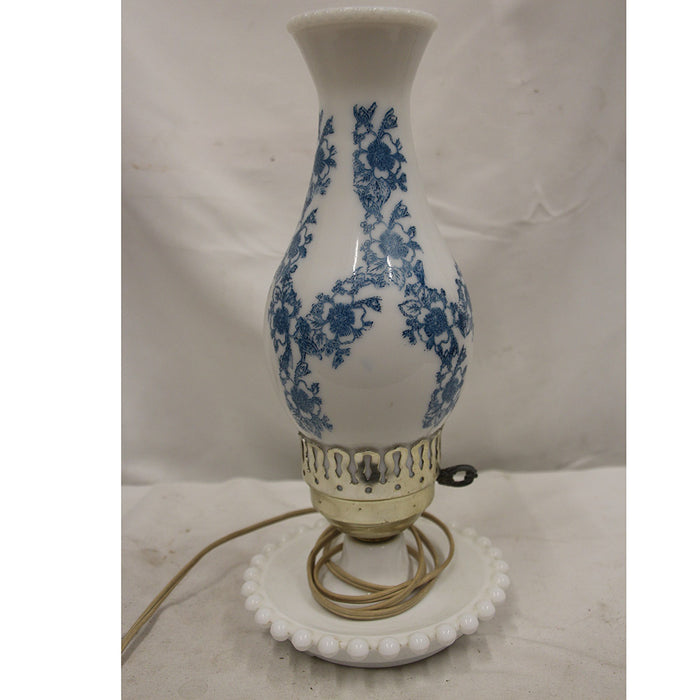 Vintage White Glass Electric "Oil" Lamp with Blue Floral Pattern