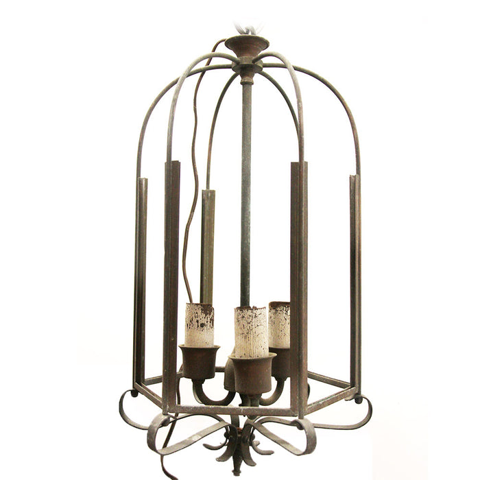 Antique Metal & Glass Bird Cage Style Pendant Light