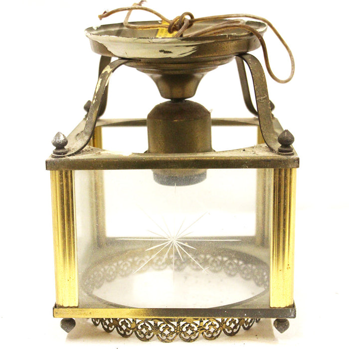 Antique Porch Light Glass Paneled Brass Tone Finish w Starburst Design