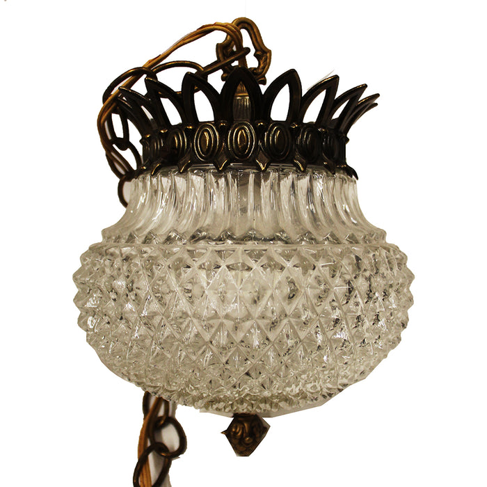 Vintage Mid Century 2 Light Swag Pendants Bohemian Style Cut Glass Globe Fixtures