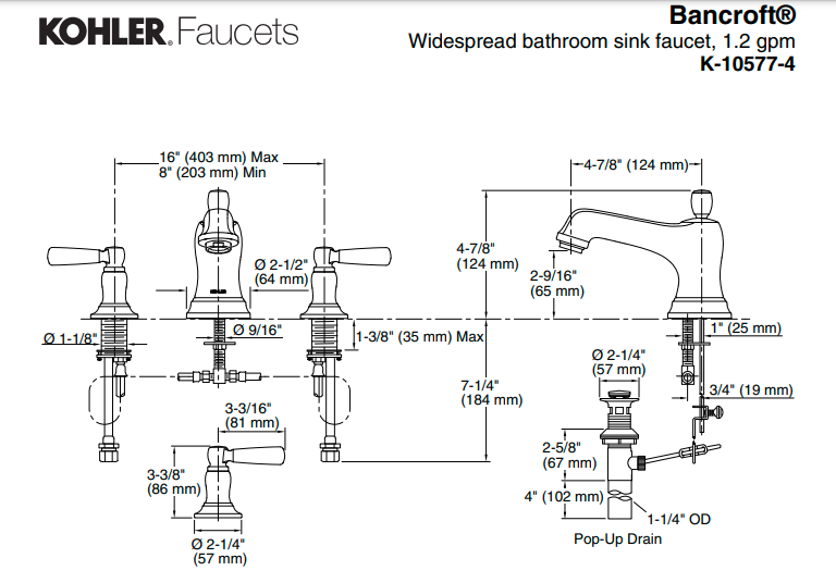 Kohler Bancroft Widespread bathroom sink faucet, 1.2 gpm  K-10577-4-CP