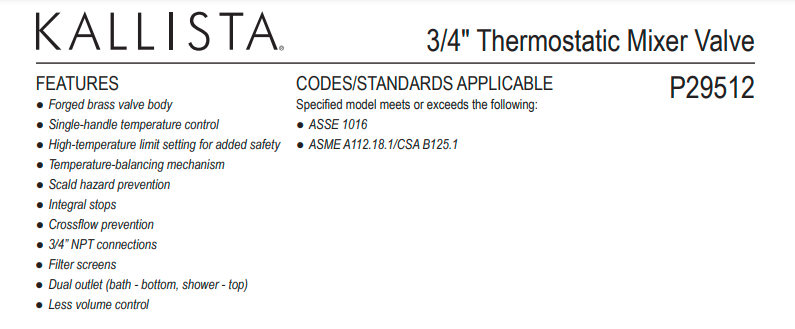 Kallista 3/4" Thermostatic Mixing Valve