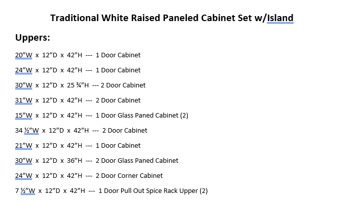 Traditional White Raised Paneled Cabinet Set w/Island