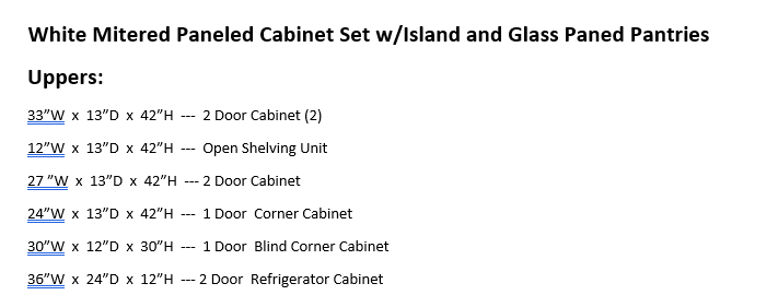 White Mitered Paneled Cabinet Set w/Island & Glass Paned Pantries