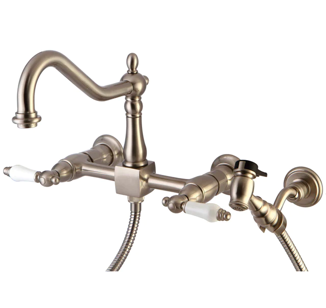 Kingston Brass Heritage Wall Mount Widespread Kitchen Faucet w Spray in Brushed Nickel