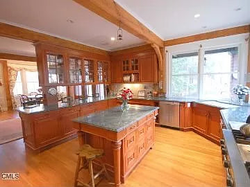 Cherry Maple-Stained Cabinet Set W/ Island and Glass Doors