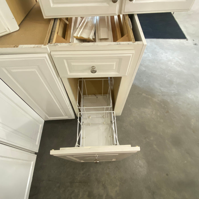 White Raised Paneled Cabinet Set w/Glass Paneled Island