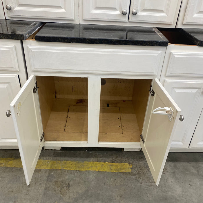 White Painted Cathedral Arched Raised Panel Cabinet Set w/Granite