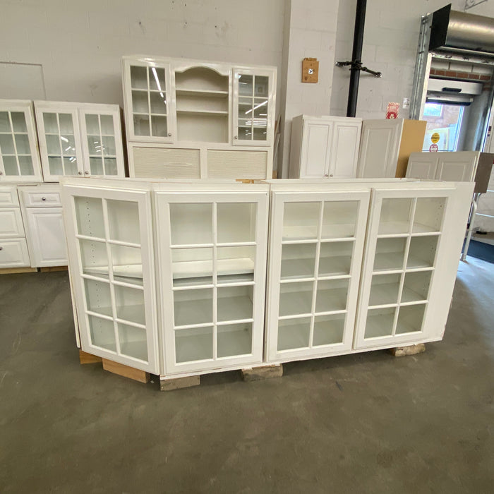 White Raised Paneled Cabinet Set w/Glass Paneled Island