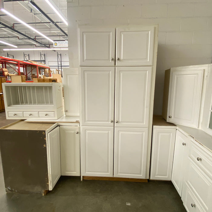 White Raised Paneled Cabinet Set w/Glass Paneled Island