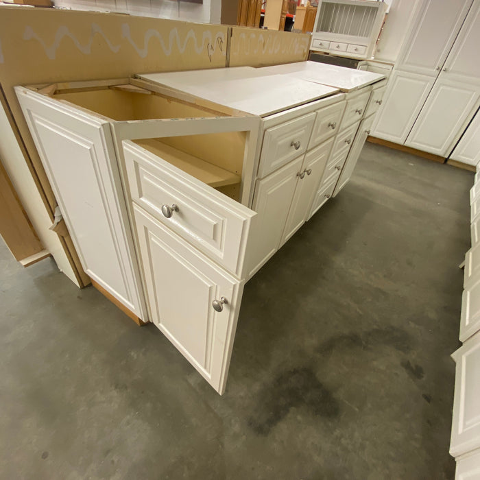 White Raised Paneled Cabinet Set w/Glass Paneled Island