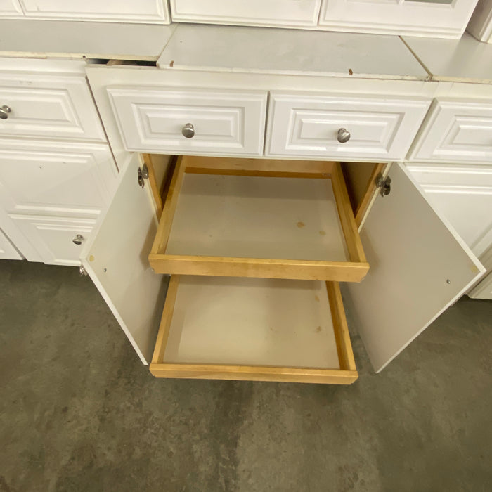 White Raised Paneled Cabinet Set w/Glass Paneled Island