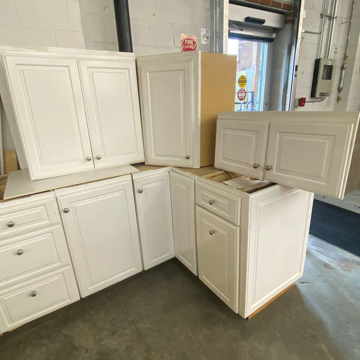 White Raised Paneled Cabinet Set w/Glass Paneled Island