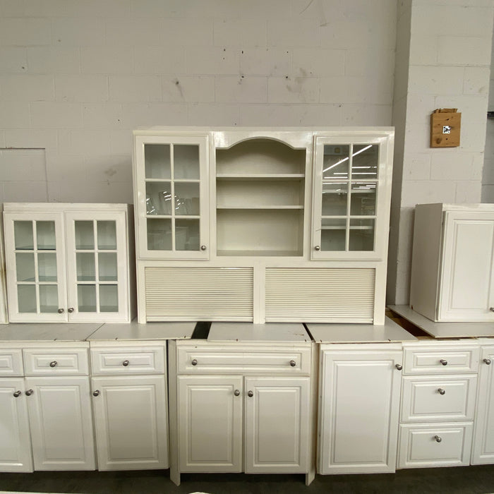 White Raised Paneled Cabinet Set w/Glass Paneled Island