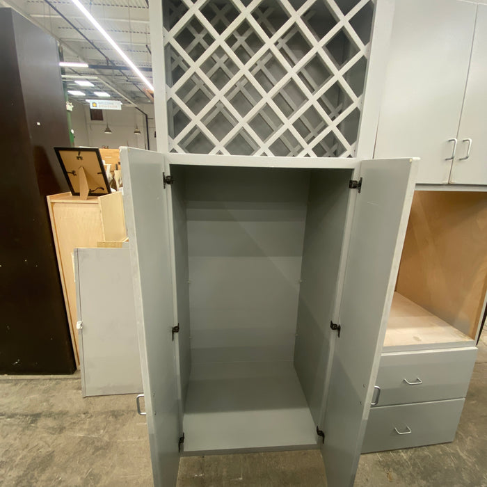 Gray Flat Front Cabinet Set w/Island and Wine Rack