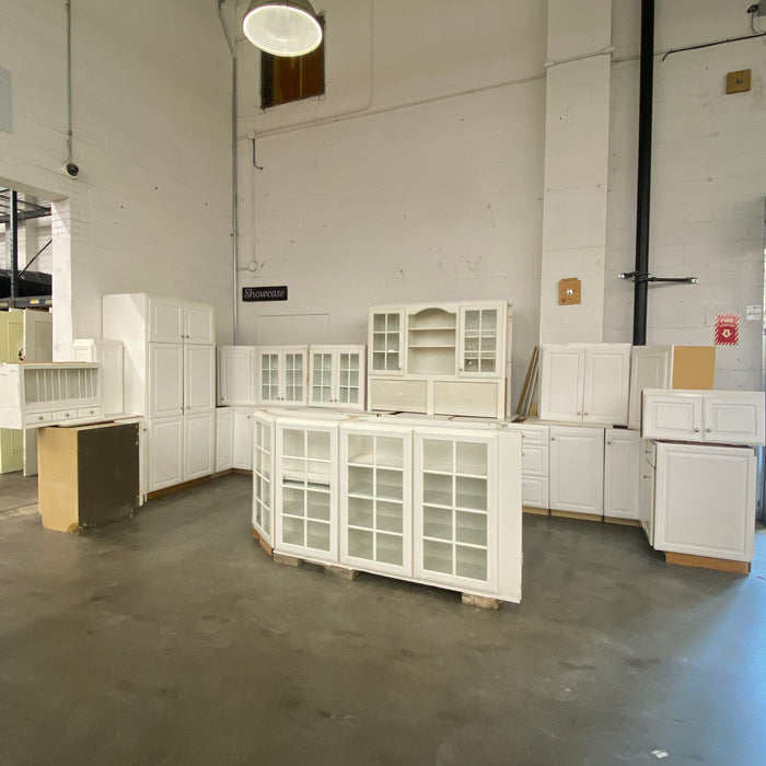 White Raised Paneled Cabinet Set w/Glass Paneled Island