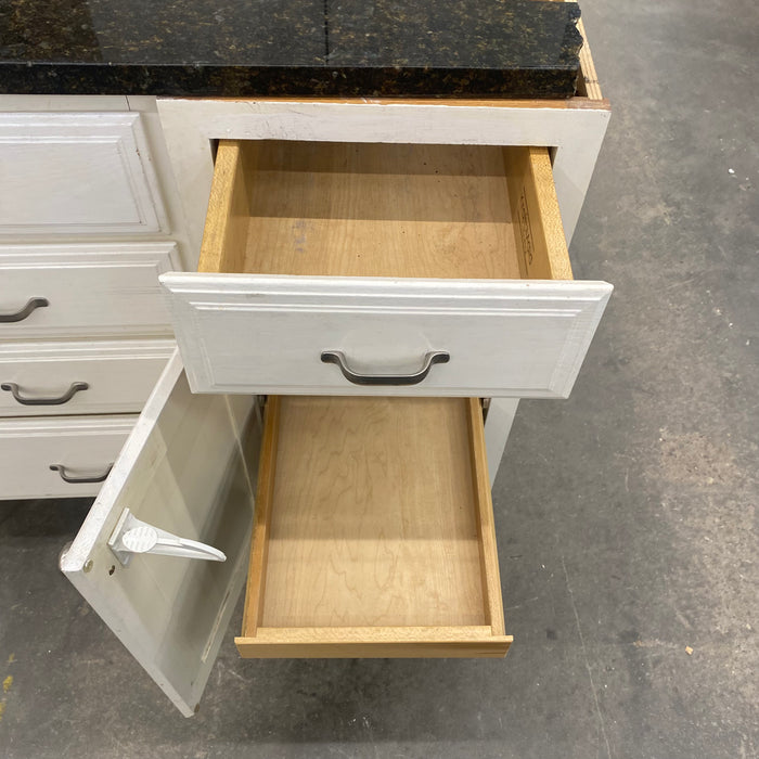 White Painted Cathedral Arched Raised Panel Cabinet Set w/Granite