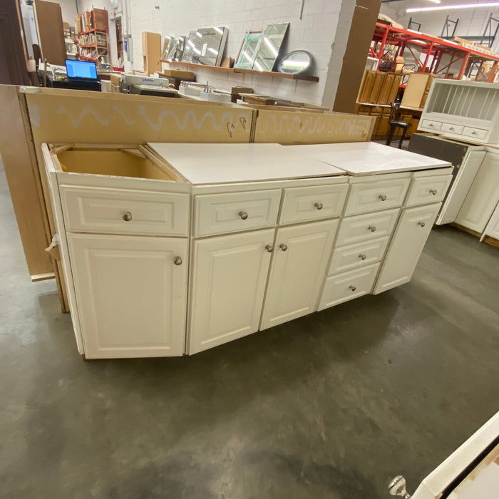 White Raised Paneled Cabinet Set w/Glass Paneled Island