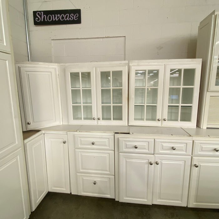 White Raised Paneled Cabinet Set w/Glass Paneled Island