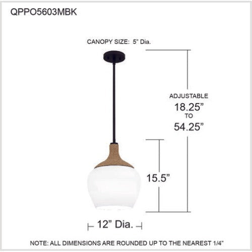 Quoizel Piccolo 1 Light 12 inch Matte Black Mini Pendant Ceiling Light (QPPO5603MBK)
