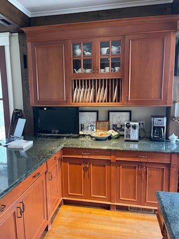 Cherry Maple-Stained Cabinet Set W/ Island and Glass Doors