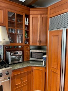 Cherry Maple-Stained Cabinet Set W/ Island and Glass Doors