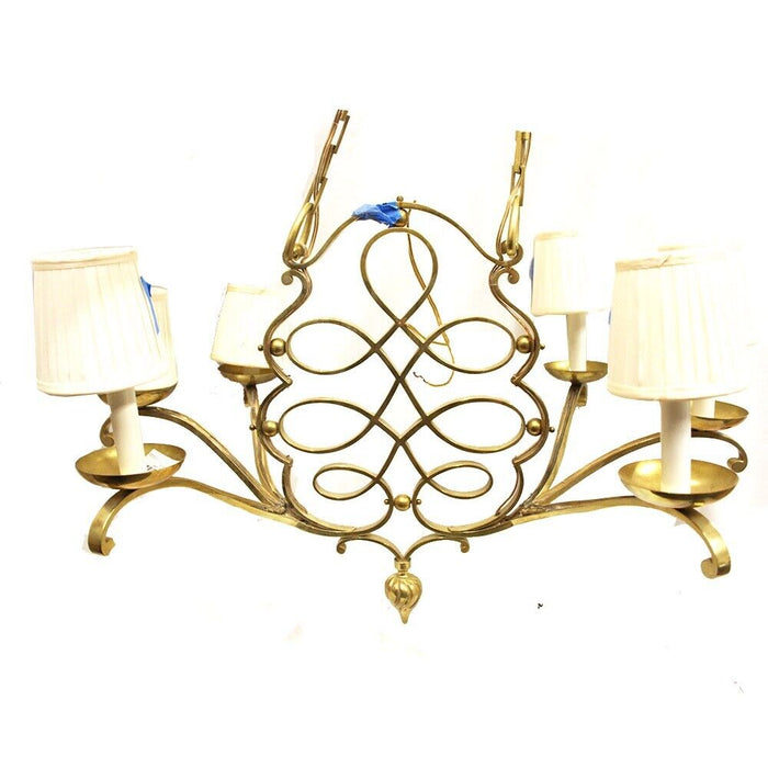 Vintage Brass 6 Light Filigree Scrollwork Chandelier Lighting Fixture w Shades