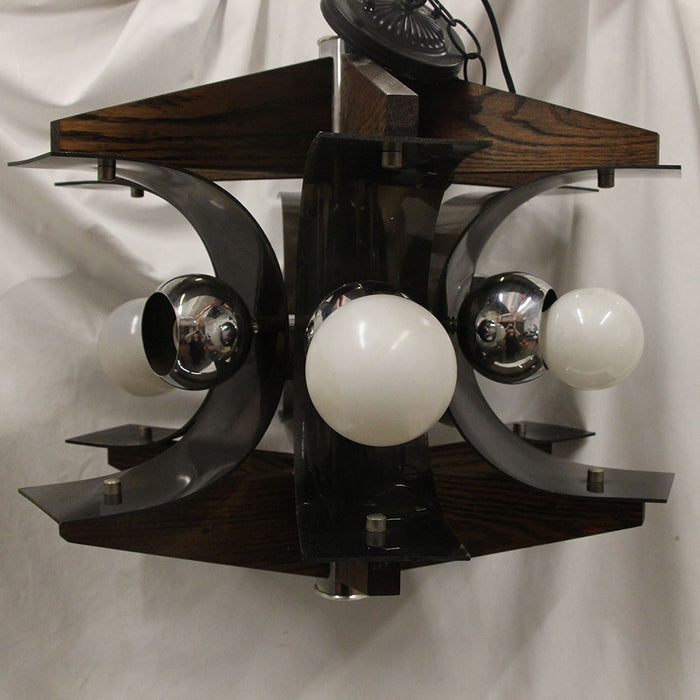 Mid Century Modern Large Wood & Lucite Pendant Light Globe Bulbs Vintage