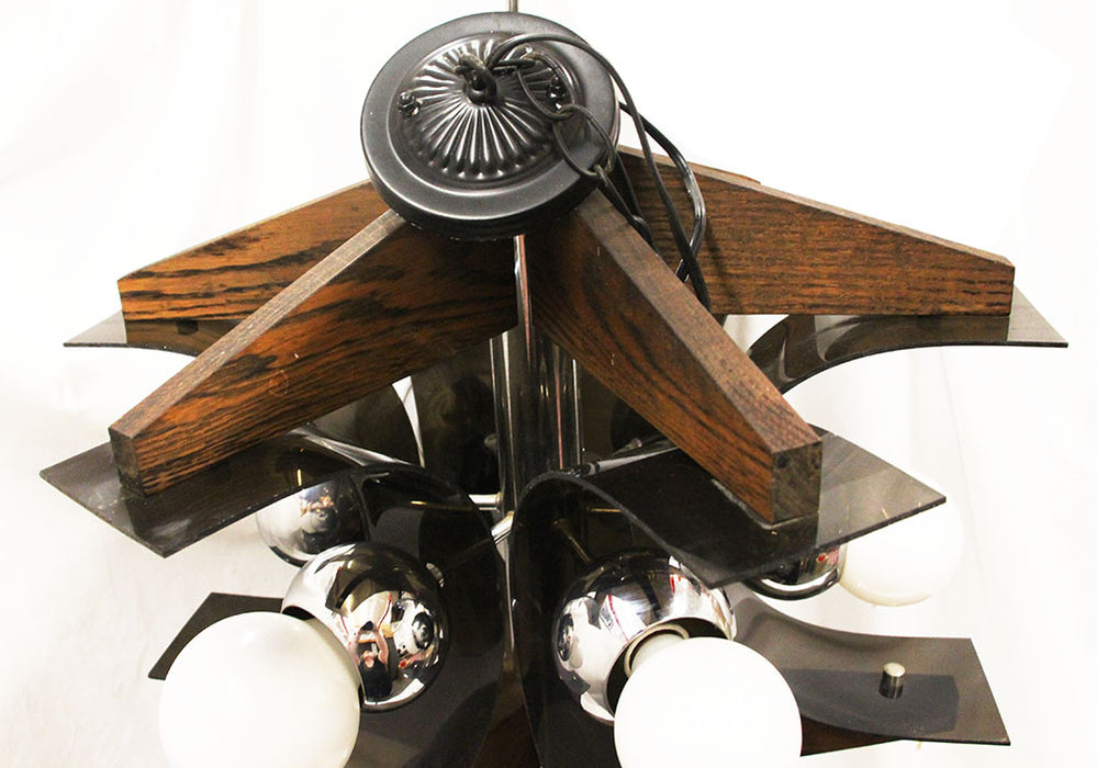Mid Century Modern Large Wood & Lucite Pendant Light Globe Bulbs Vintage