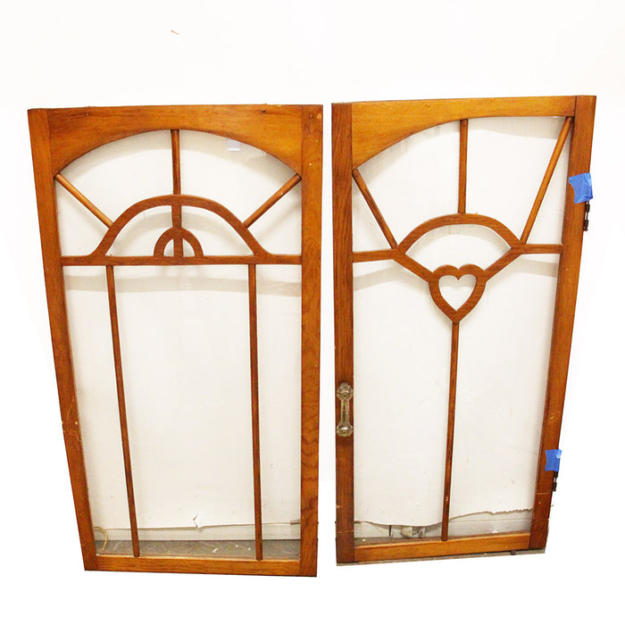 Vintage Antique 3 Wood Cabinet Window Panels Heart Design Charming Glass Pulls