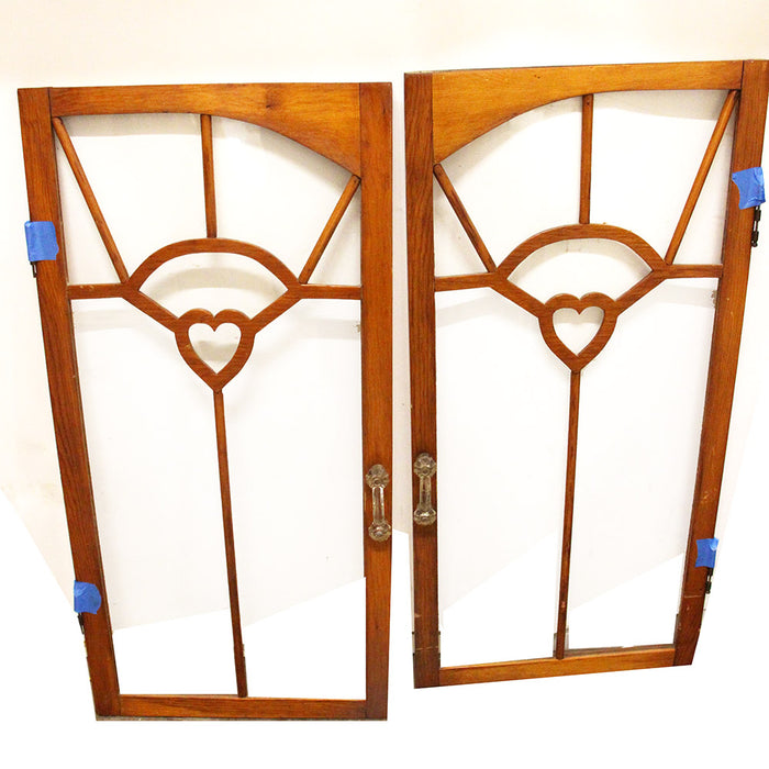 Vintage Antique 3 Wood Cabinet Window Panels Heart Design Charming Glass Pulls