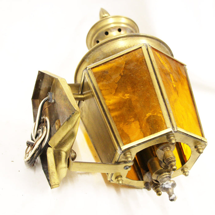 Antique Brass Exterior Wall Mount Light w. Orange Stained Glass Panes