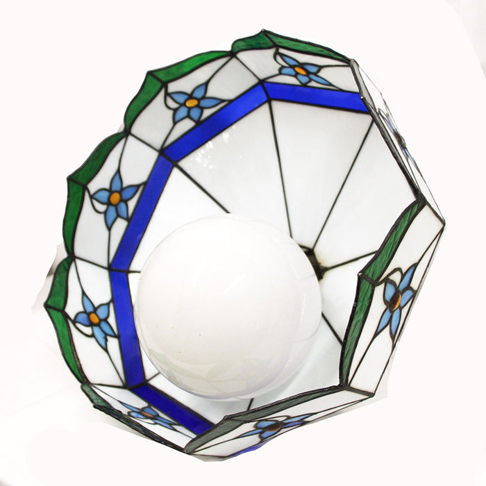 Stained Glass Pendant Light Green White Blue Floral Design & Globe