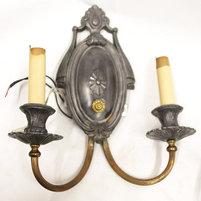Antique Pair of Pewter and Brass Candelabra Style Sconces 2 Light Each