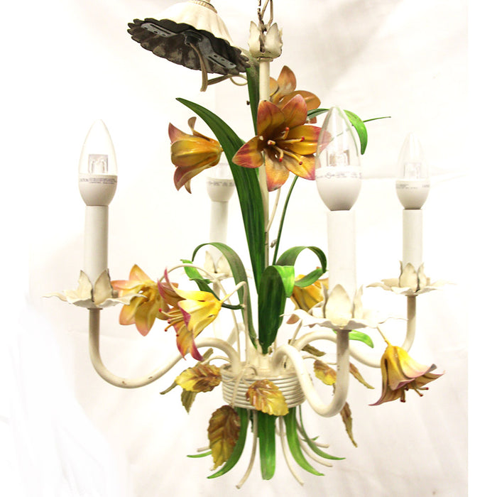 Vintage Toleware 4 Light Chandelier Orange Lily Design Italian