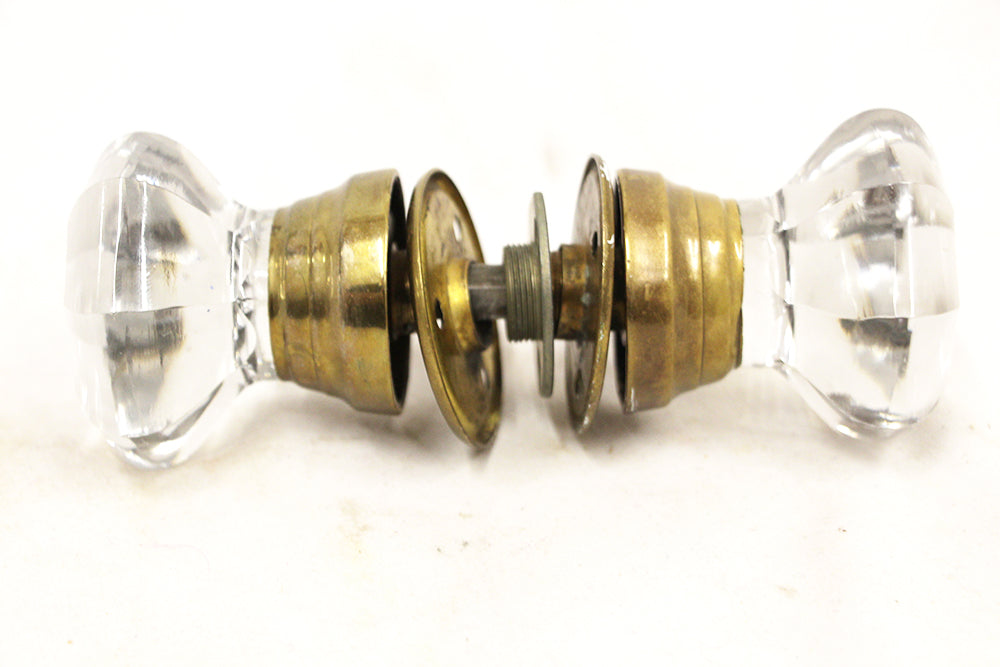 Antique 8 Pt Glass Door knob Brass Fixed Shanks w Rosettes
