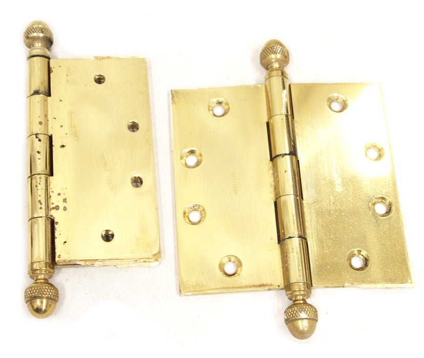 Baldwin 4.5 x 4.5" Hinges w Acorn Finial Top Polished Brass Finish PAIR Reclaimed