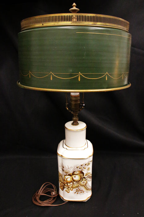 Vintage Toleware Lampshade w Porcelain Fruit Lamp Green Gold