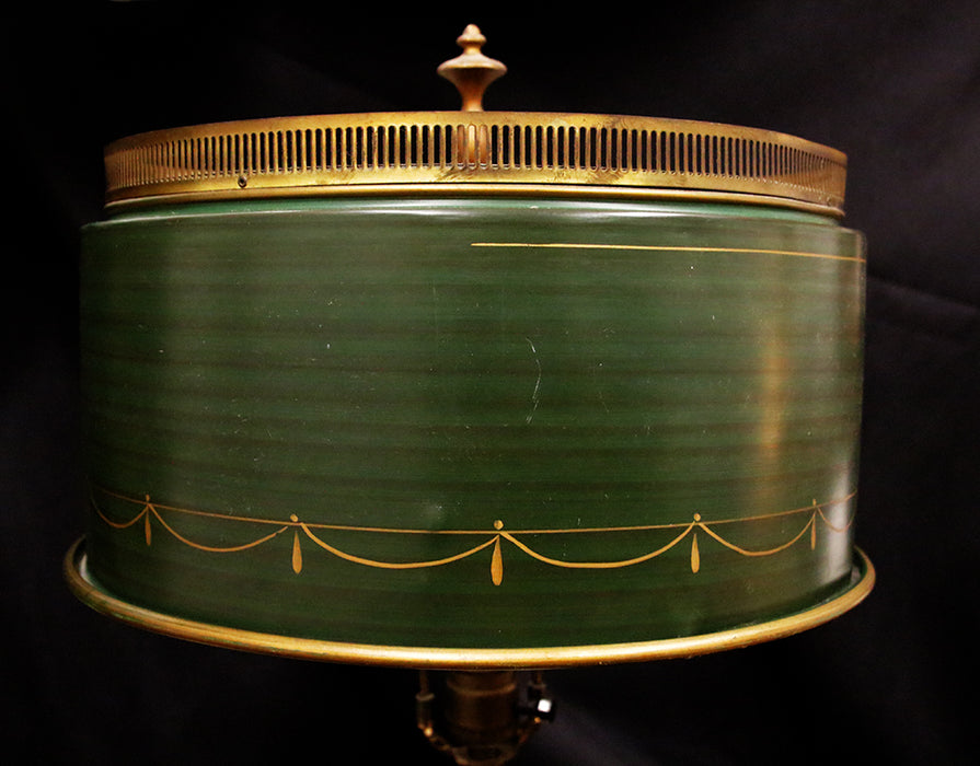 Vintage Toleware Lampshade w Porcelain Fruit Lamp Green Gold Kitsch Lighting