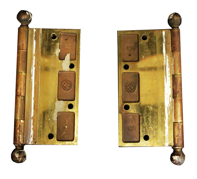Antique 5" Solid Brass Ball Top Hinge Stamped Original Door Hardware Heavy Duty