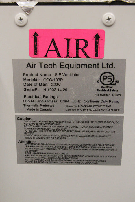 Air Tech Equipment SE Ventilator Booster Fan CCC-103R Used