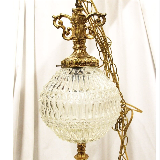 Antique Pendant Light Cut Glass & Ornate Brass
