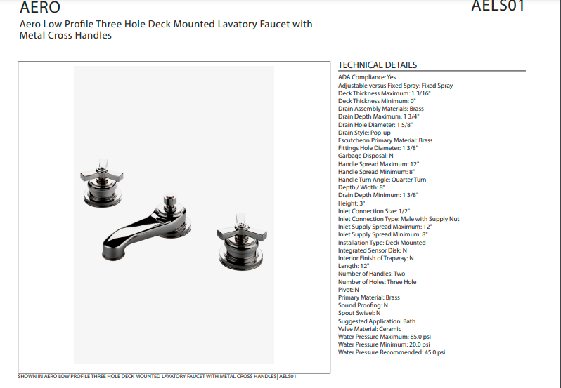 Aero Low Profile Three Hole Deck Mounted Lavatory Faucet with Metal Cross Handles PARTS ONLY