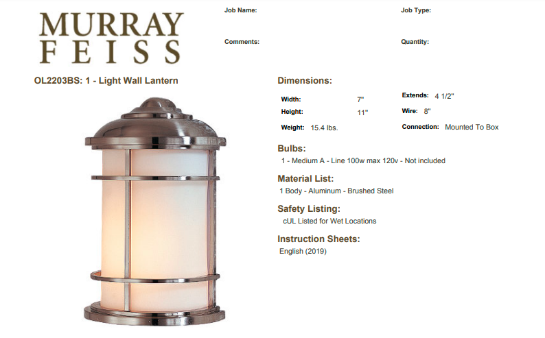 Murray Feiss  Wall Mount Lantern Lighting Lighthouse Collection Transitional Style